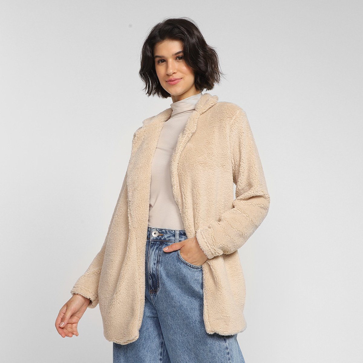 Casaco Lunender Pelo Carneirinho Feminino - Bege Menor preço em Casaco Lunender Pelo Carneirinho Feminino - Bege