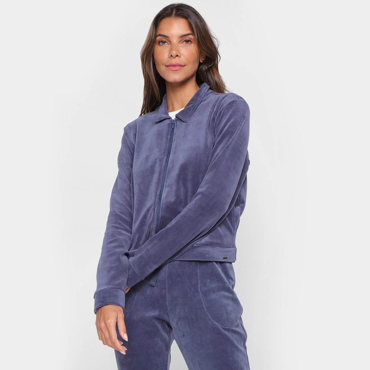 Casaco Marialícia Plush Feminino - Azul Menor preço em Casaco Marialícia Plush Feminino - Azul