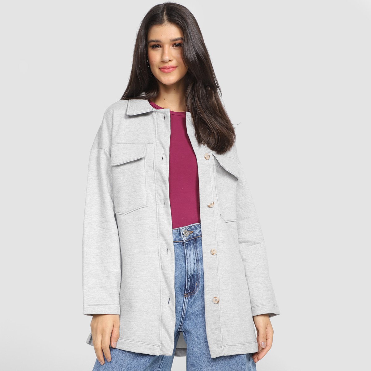 Casaco Moletom Hering Oversized Botões Feminino - Mescla Menor preço em Casaco Moletom Hering Oversized Botões Feminino - Mescla