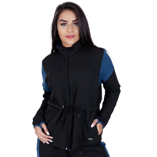 Casaco Parka Orbis Moletom Punho Dedinho Gola Alta Detalhe Recortes Feminina - Cinza+Azul