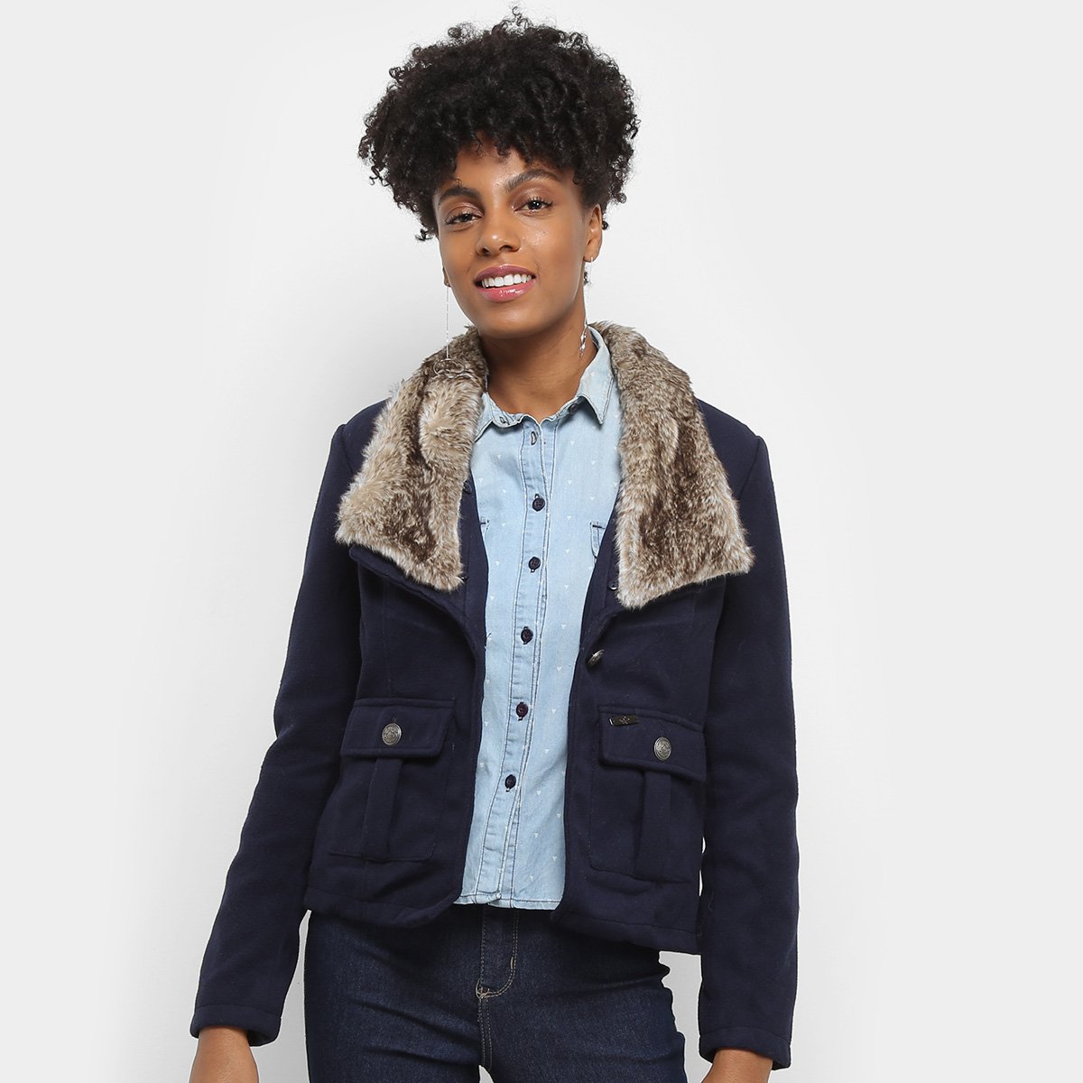 Casaco Queen's Gola Pelo Bolsos Feminino - Marinho Menor preço em Casaco Queen's Gola Pelo Bolsos Feminino - Marinho