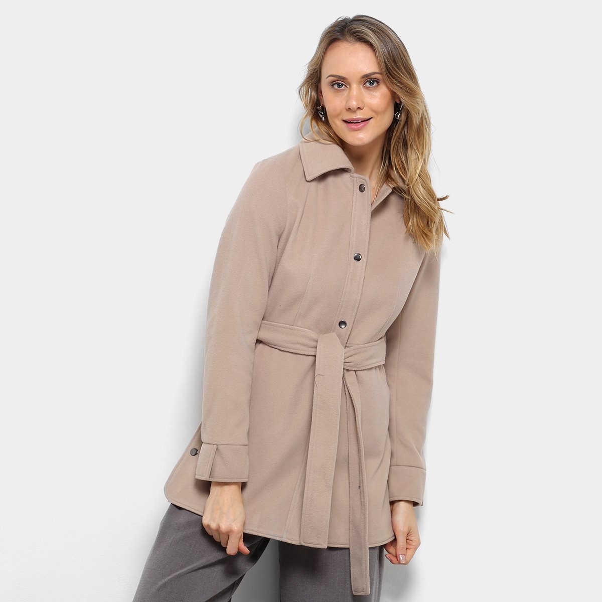 Casaco Queen's Lã Batida Faixa Feminino - Bege Menor preço em Casaco Queen's Lã Batida Faixa Feminino - Bege