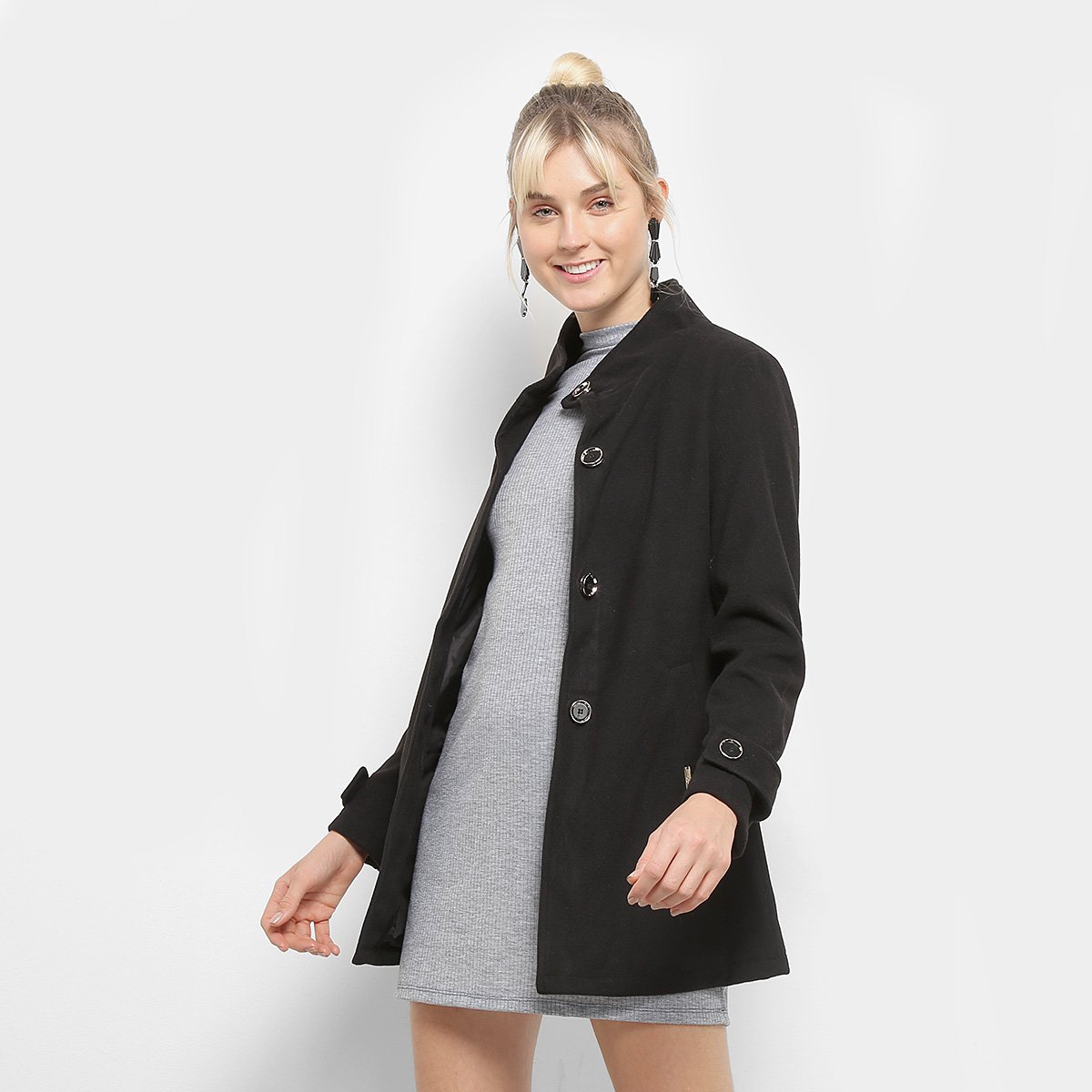 Casaco Quenn's Lã Batida Longo Feminino - Preto Menor preço em Casaco Quenn's Lã Batida Longo Feminino - Preto