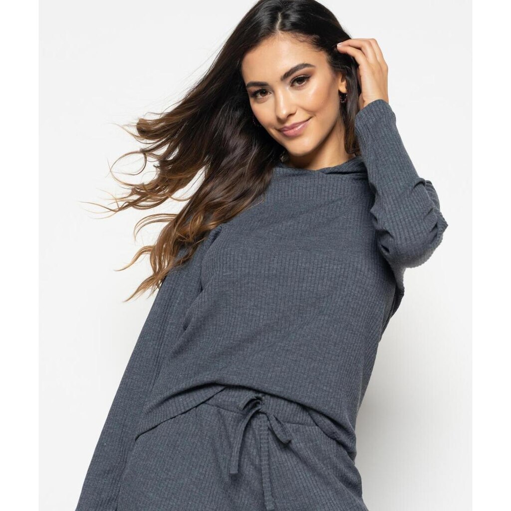 Casaco Salvatore Fashion Comfy Malha Canelada Capuz Feminino