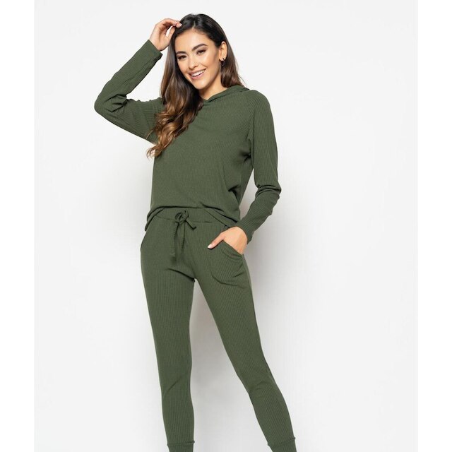 Casaco Salvatore Fashion Comfy Malha Canelada Capuz Feminino