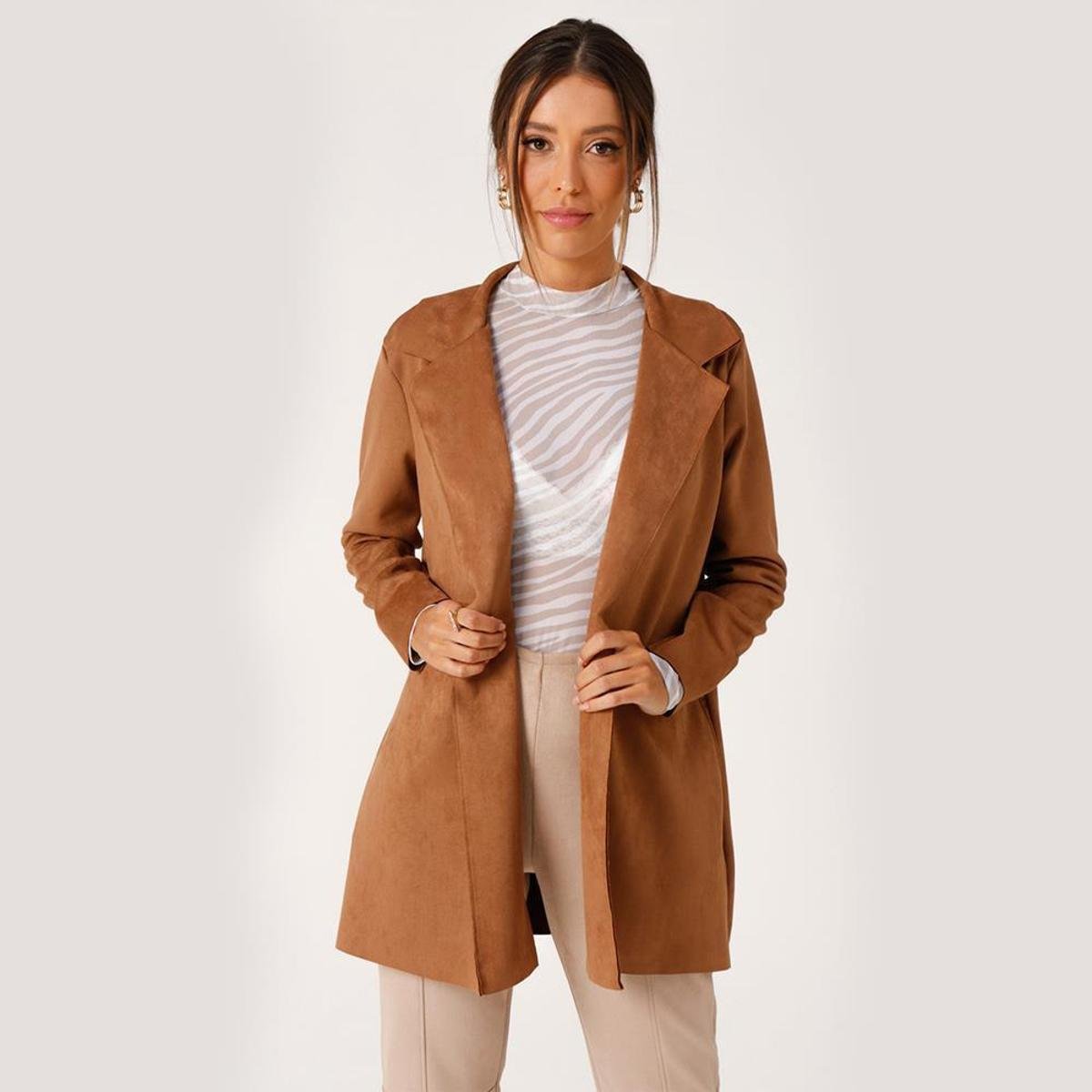 Casaco Scalk Feminino Suede Alongado Casual Macio Elegante - Marrom Menor preço em Casaco Scalk Feminino Suede Alongado Casual Macio Elegante - Marrom