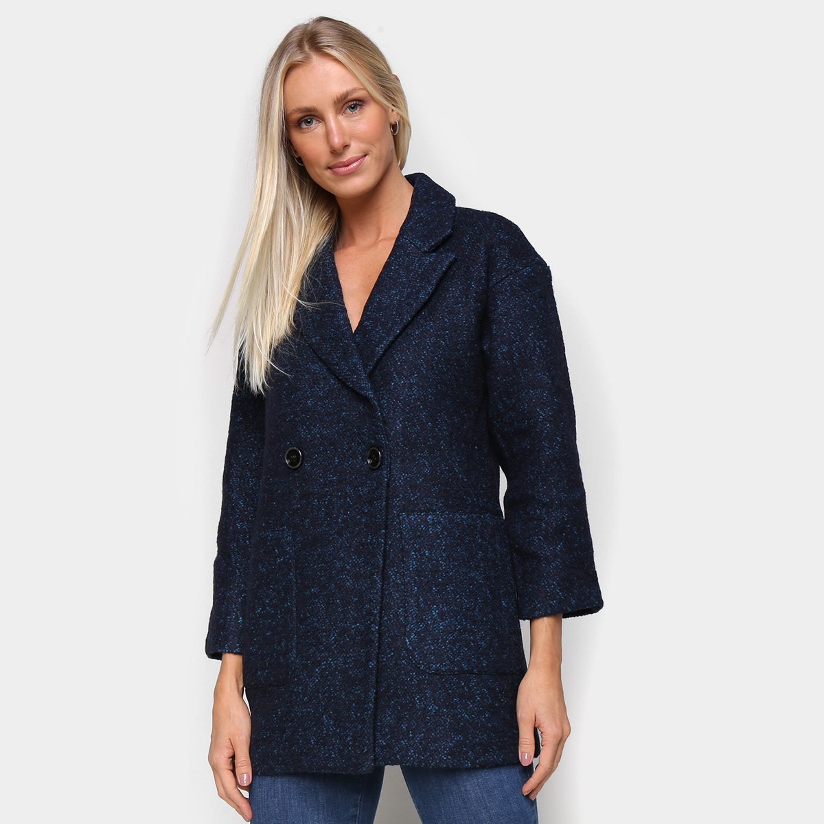 Casaco Sobretudo SeV Botão Duplo Feminino - Azul Menor preço em Casaco Sobretudo SeV Botão Duplo Feminino - Azul