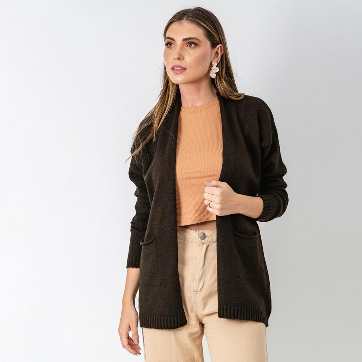 Casaco Tricô Feminino Manga Longa Bolsos Conforto Casual - Marrom Menor preço em Casaco Tricô Feminino Manga Longa Bolsos Conforto Casual - Marrom