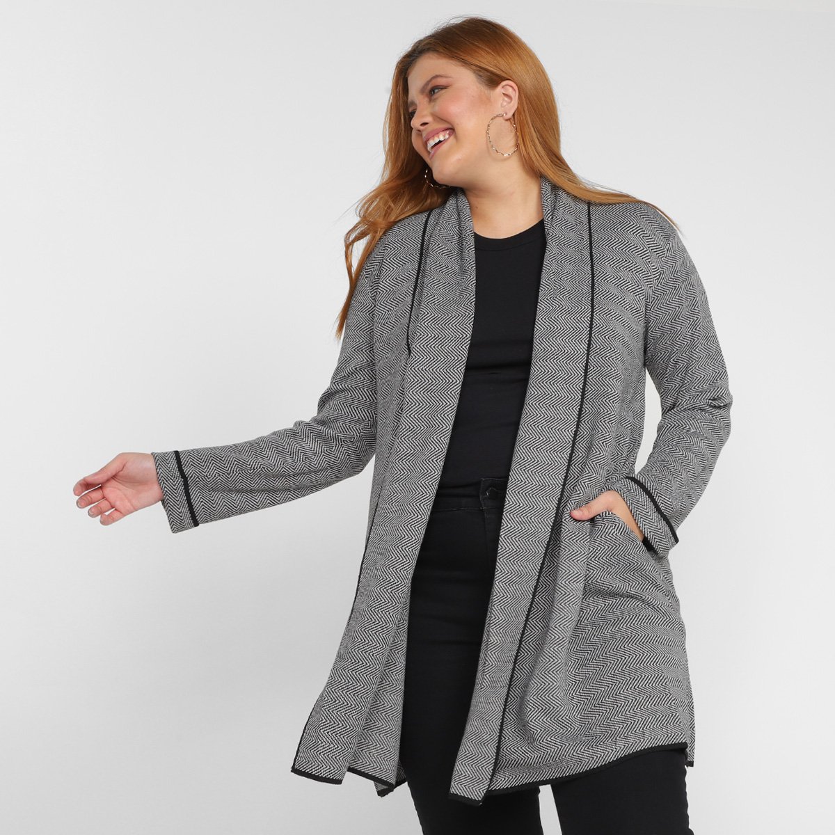 Casaco Tricot City Lady Plus Size Feminino - Preto Menor preço em Casaco Tricot City Lady Plus Size Feminino - Preto