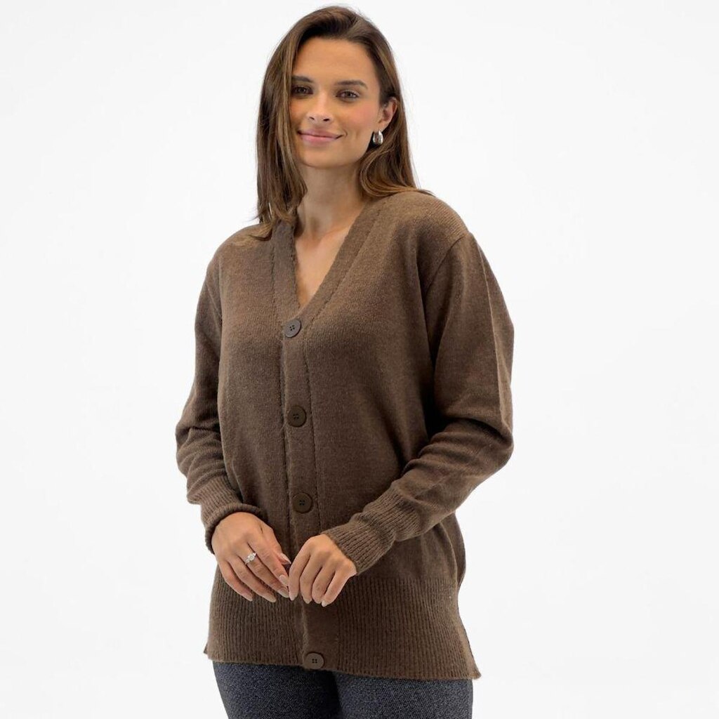 Casaco Via Tricot Cardigan em Lã Oversized Médio com Botão Feminino