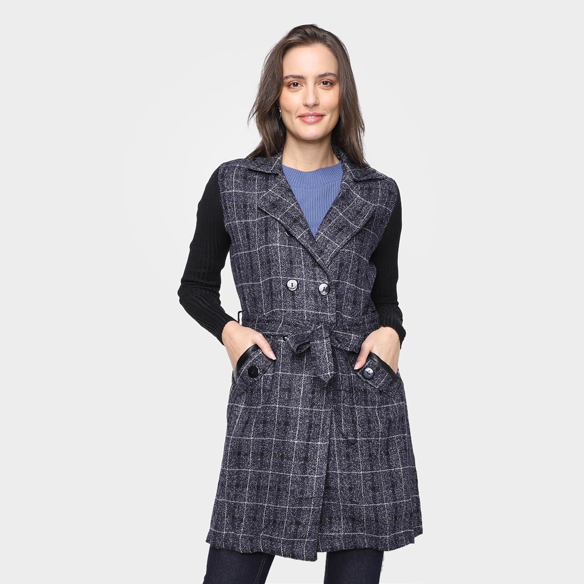 Casaco Xadrez Extin Sobretudo Feminino - Azul Menor preço em Casaco Xadrez Extin Sobretudo Feminino - Azul