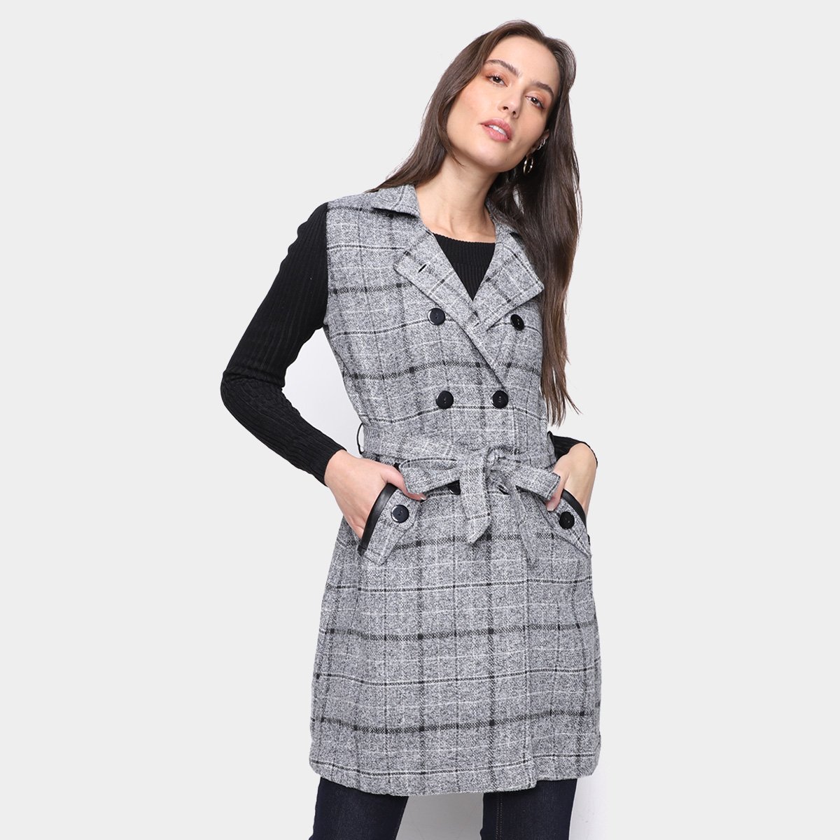 Casaco Xadrez Extin Sobretudo Feminino - Cinza Menor preço em Casaco Xadrez Extin Sobretudo Feminino - Cinza