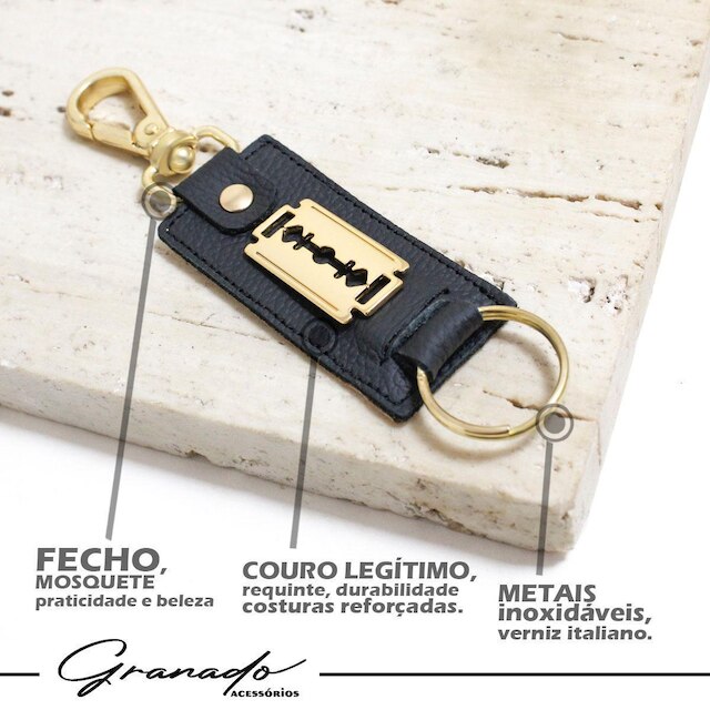 Chaveiro Couro Barbeiro Lâmina Banho Dourado - NE