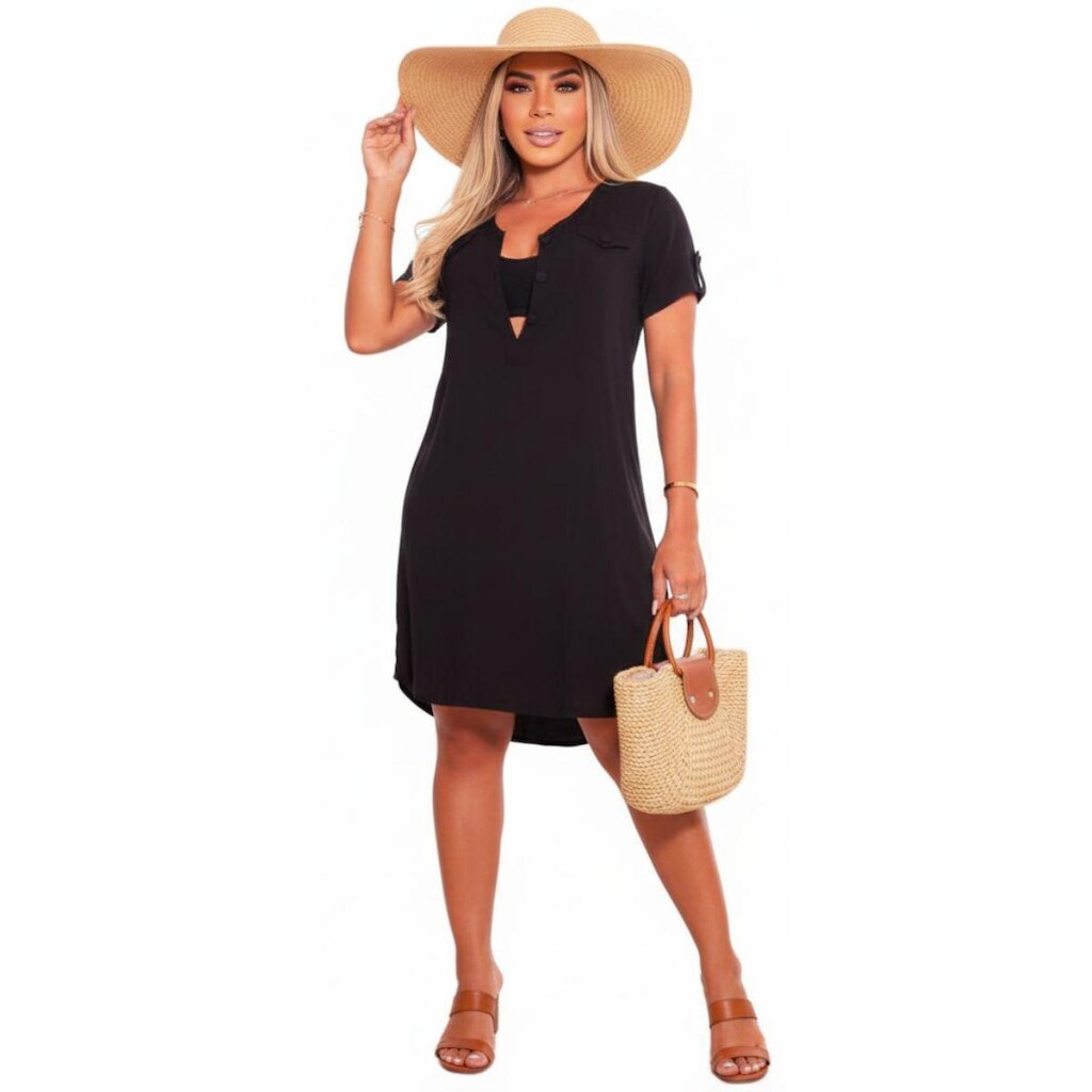 Chemise Feminina Preta 2 em 1 Vestido e Saída de Praia