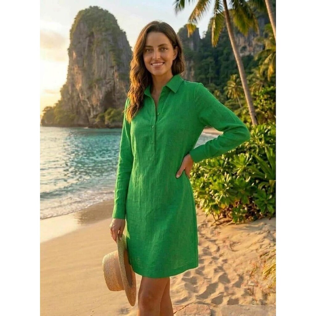 Chemise Feminina Vestido Praia Manga Longa