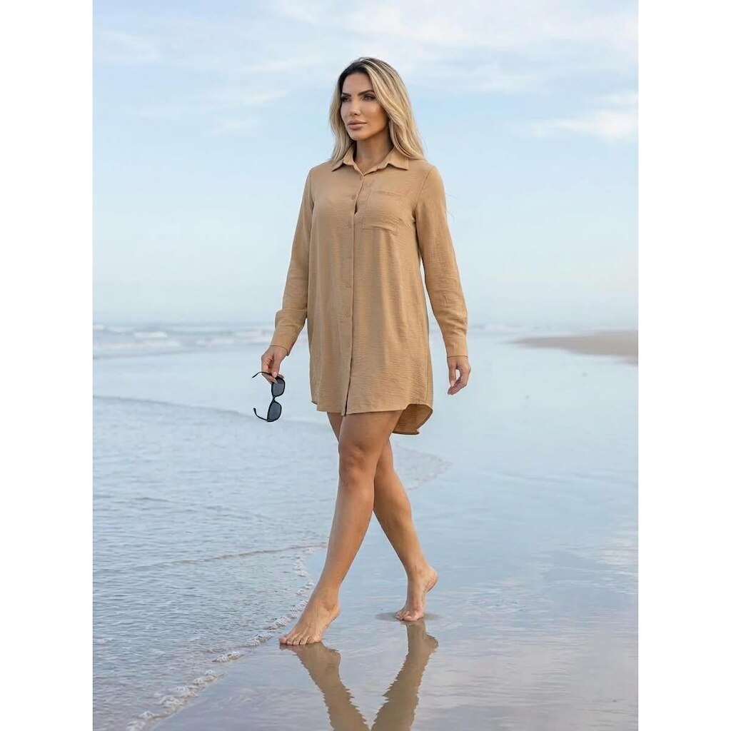 Chemise Saida De Praia Linho Viscose Vestido Camisa Feminina