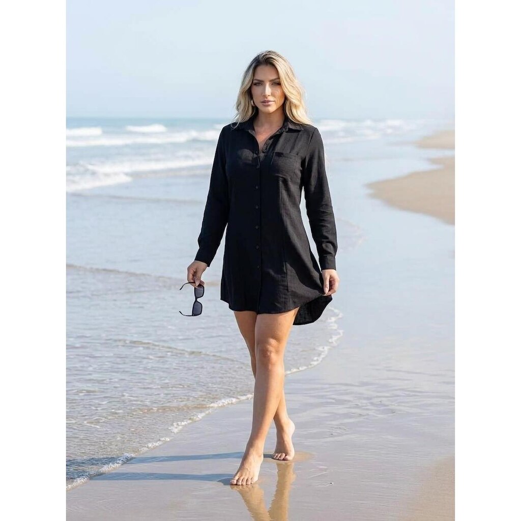 Chemise Saida De Praia Linho Viscose Vestido Camisa Feminina