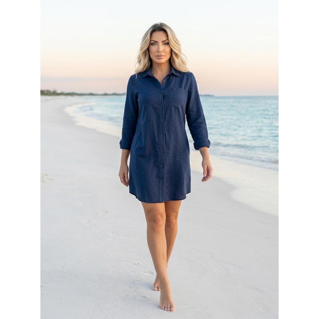 Chemise Saida De Praia Linho Viscose Vestido Camisa Feminina
