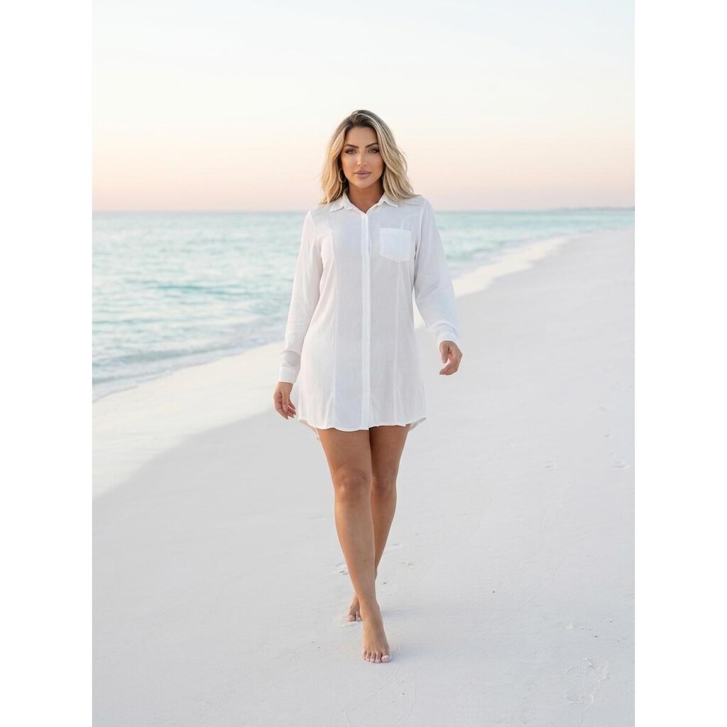 Chemise Saida De Praia Linho Viscose Vestido Camisa Feminina