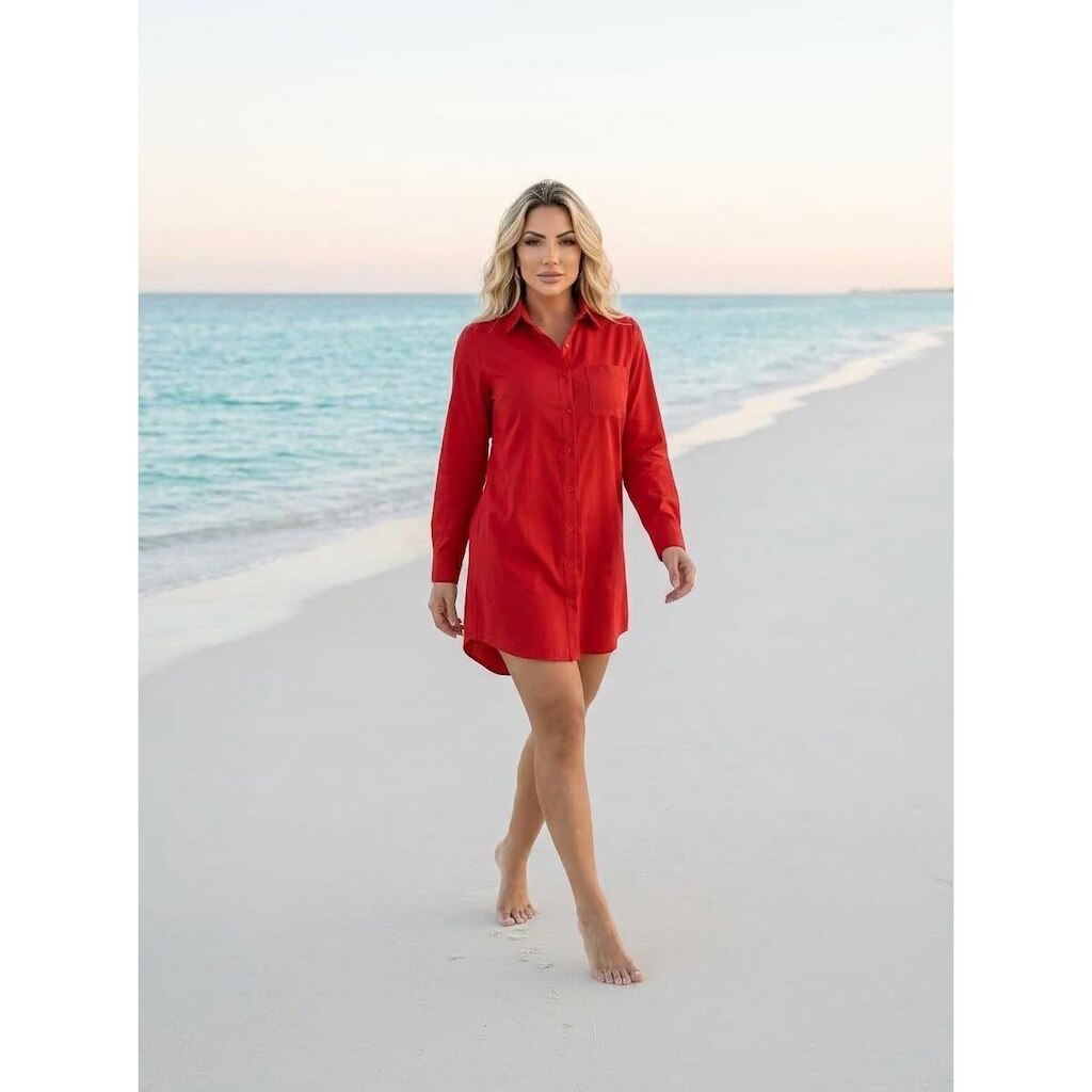 Chemise Saida De Praia Linho Viscose Vestido Camisa Feminina