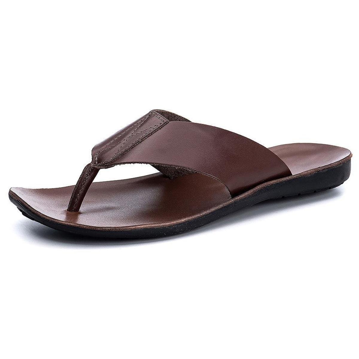 Chinelo Conforto Masculino Couro Liso Solado Borracha Resistente - Marrom Menor preço em Chinelo Conforto Masculino Couro Liso Solado Borracha Resistente - Marrom