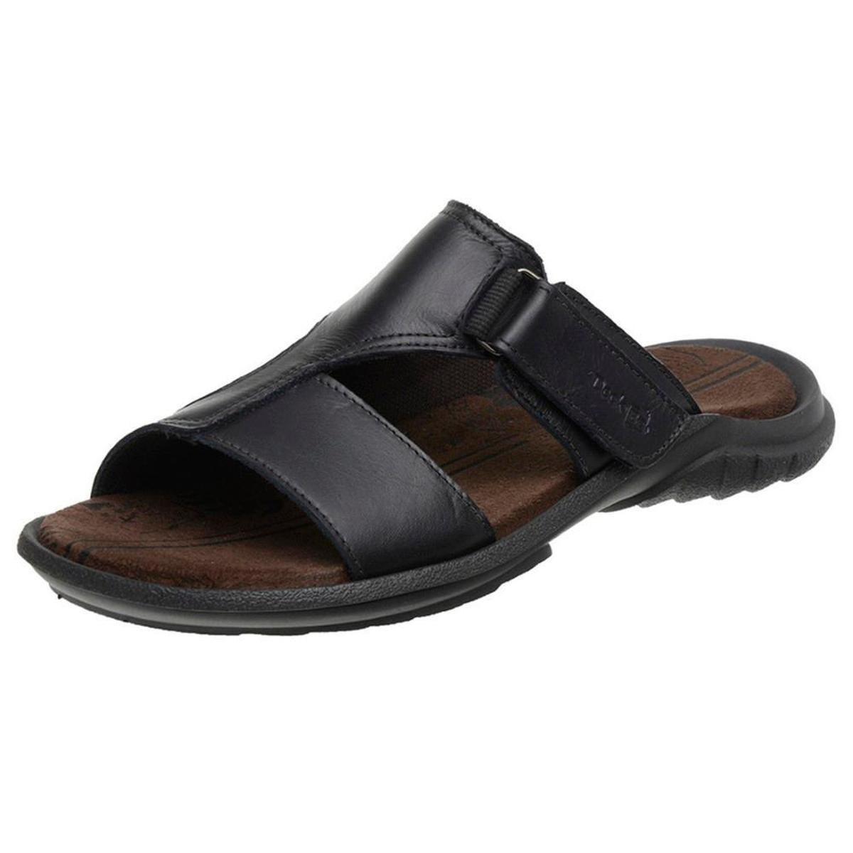 Chinelo em Couro Casual Masculina com Detalhes Solado Borracha - Preto Menor preço em Chinelo em Couro Casual Masculina com Detalhes Solado Borracha - Preto