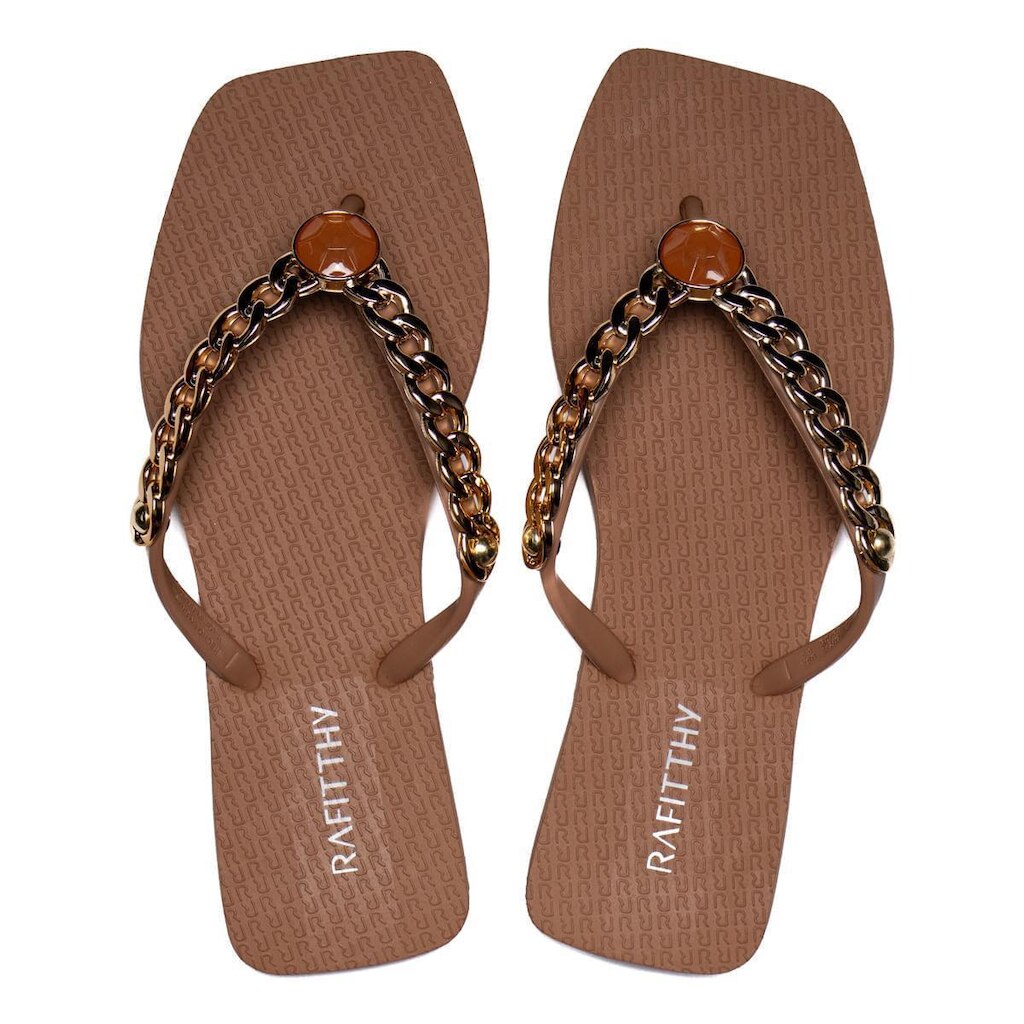 Chinelo Feminino Rafitthy Luxurious Tiras Marrom/Dourado