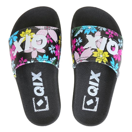 Chinelo Infantil Qix Slide Floral Feminino - Preto+Grafite
