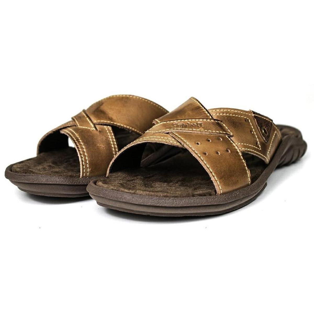 Chinelo Slide Casual em Couro Masculina com Detalhes Solado Borracha - Bege Menor preço em Chinelo Slide Casual em Couro Masculina com Detalhes Solado Borracha - Bege
