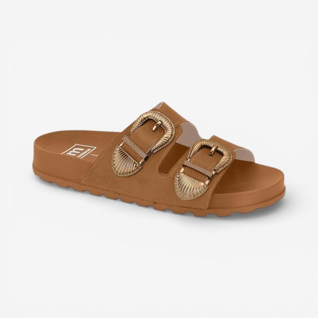 Chinelo Slide Moleca Duas Fivelas Camurça Caramelo
