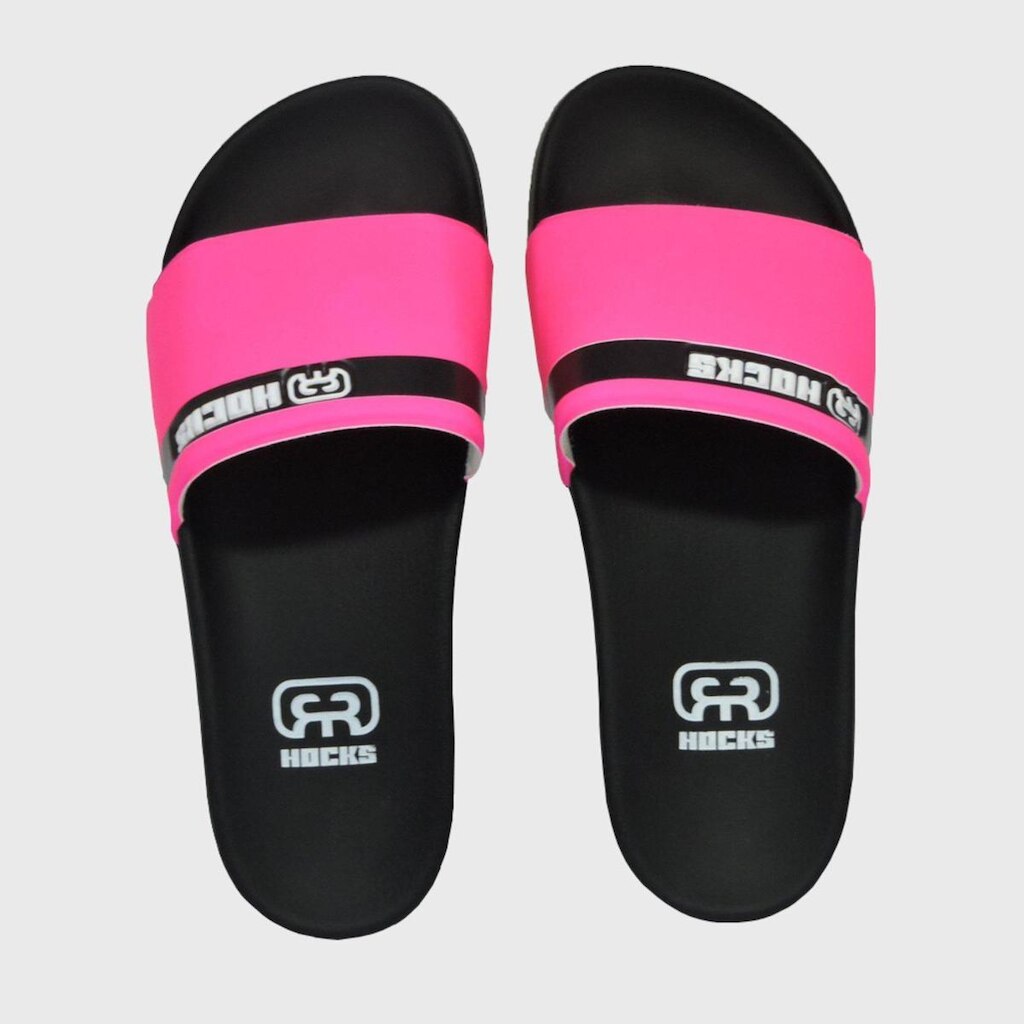 Chinelo Slide Preto e Rosa Flourescente Hocks