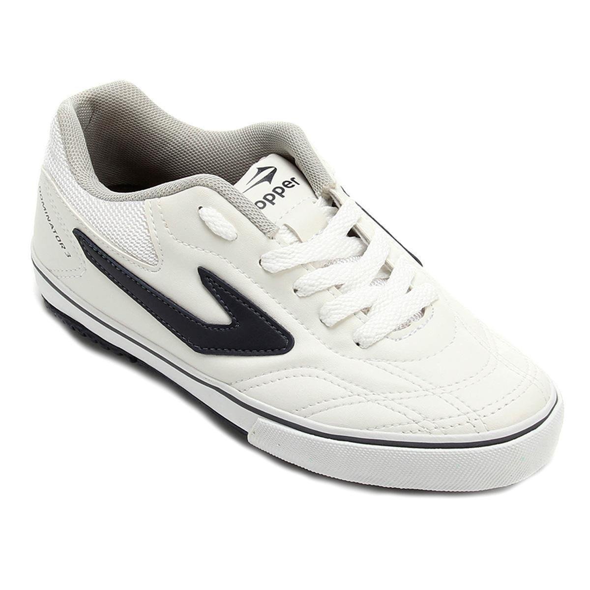 Chuteira Futsal Infantil Topper Tem Dominator 3 - Branco+Marinho Menor preço em Chuteira Futsal Infantil Topper Tem Dominator 3 - Branco+Marinho