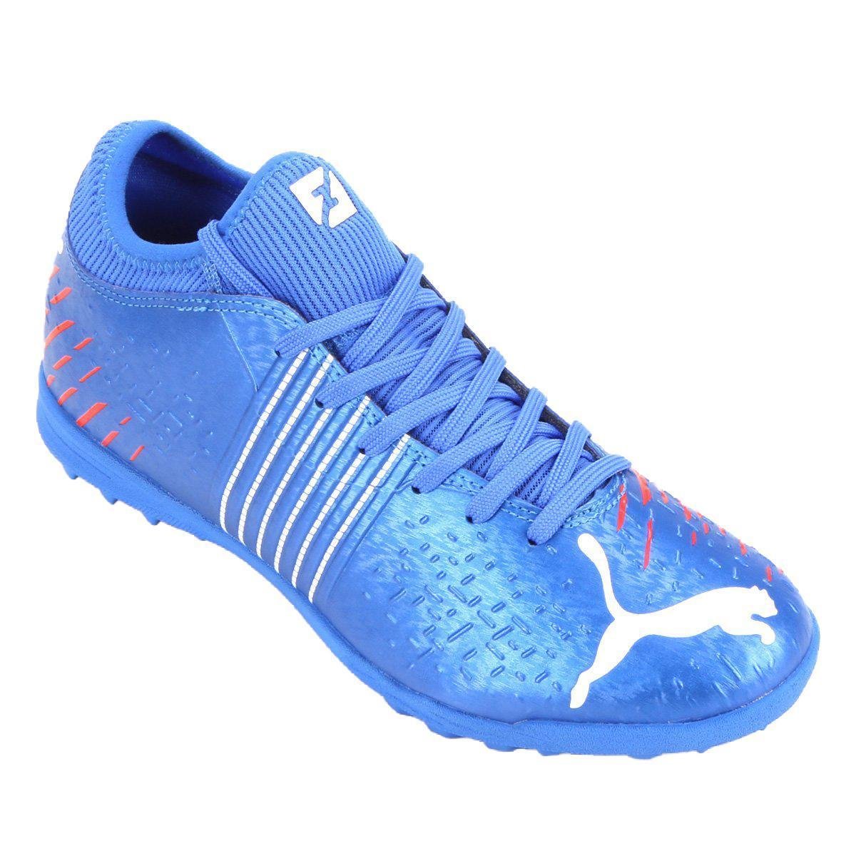 Chuteira Puma Society Future Z Masculino Azul e Laranja