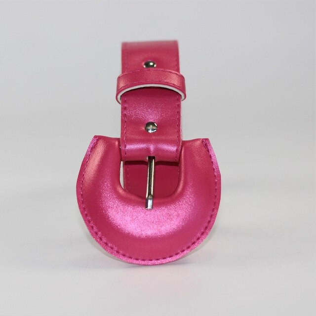 Cinto Feminino Fivela Meia Lua Redonda Forrada e Costurada Rosa Metalizado