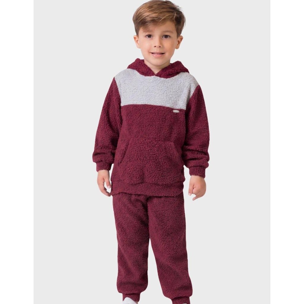 Cj Blusão De Pelo Com Calça Punho Capuz Inverno Dia a Dia Frio Elegante - Menino 1 a 4 anos