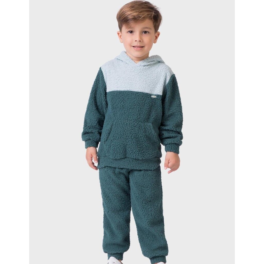 Cj Blusão De Pelo Com Calça Punho Capuz Inverno Dia a Dia Frio Elegante - Menino 1 a 4 anos