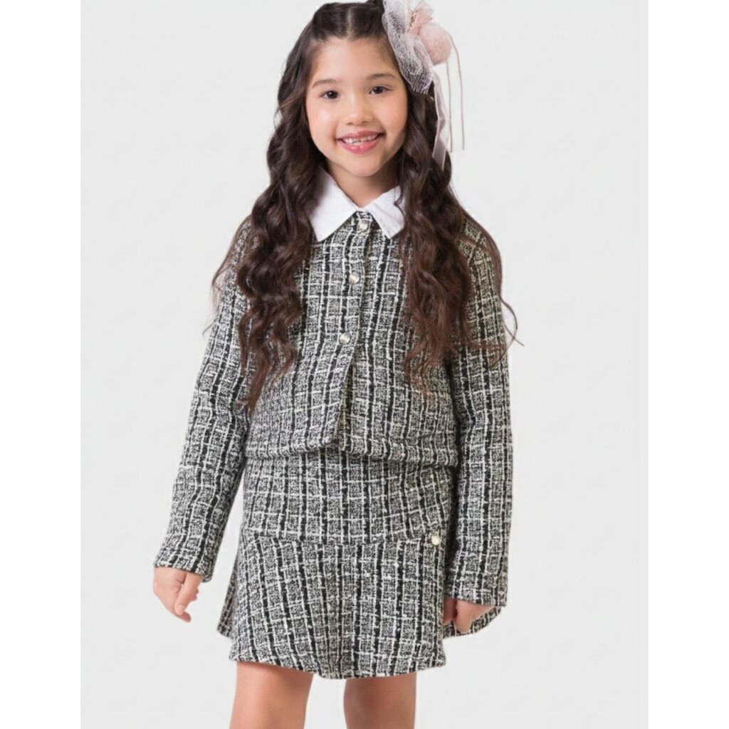 Cj Casaqueto Botão Com Shorts/Saia Dia a Dia Frio Elegante Novo Inverno - Menina 4 a 14 anos