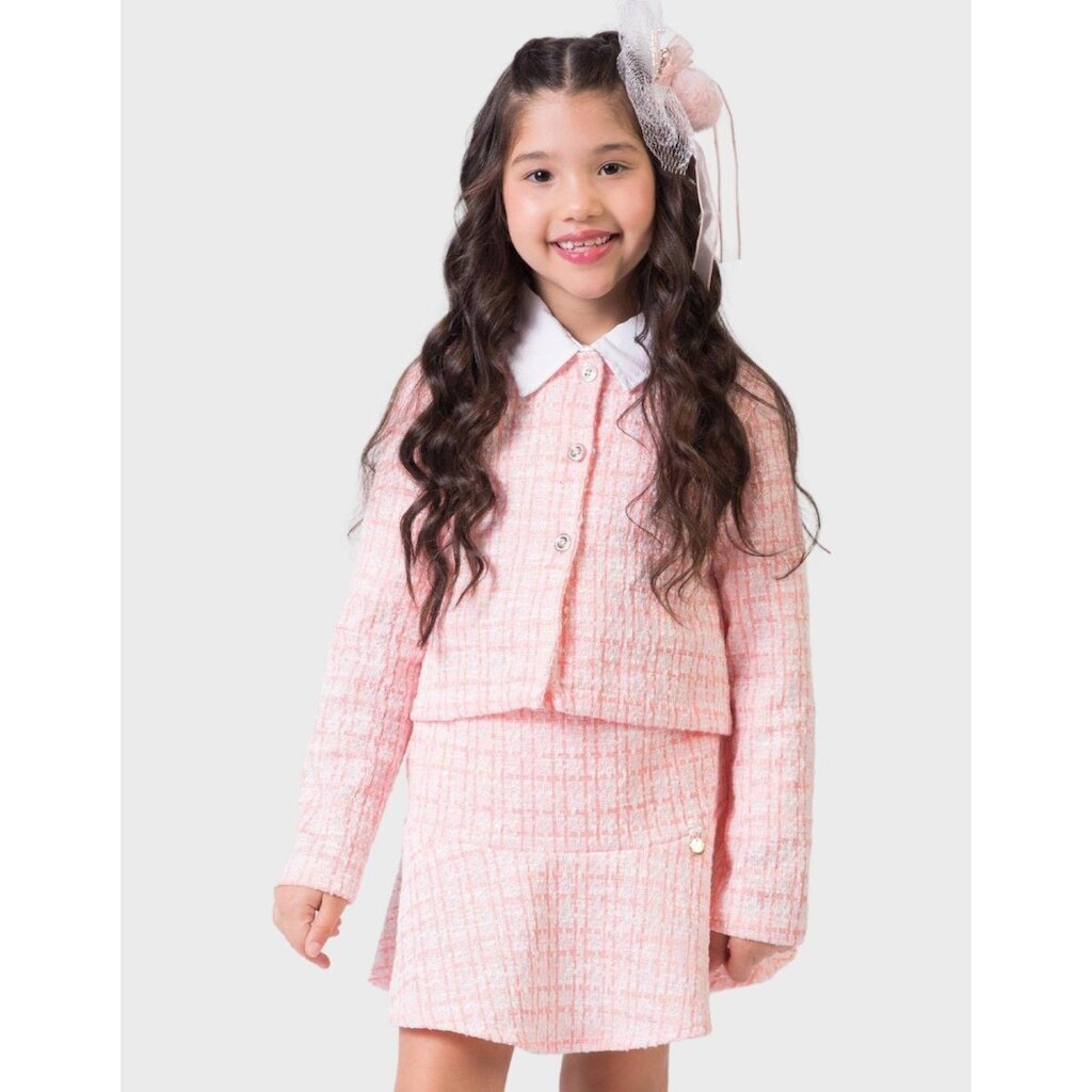 Cj Casaqueto Botão Com Shorts/Saia Dia a Dia Frio Elegante Novo Inverno - Menina 4 a 14 anos