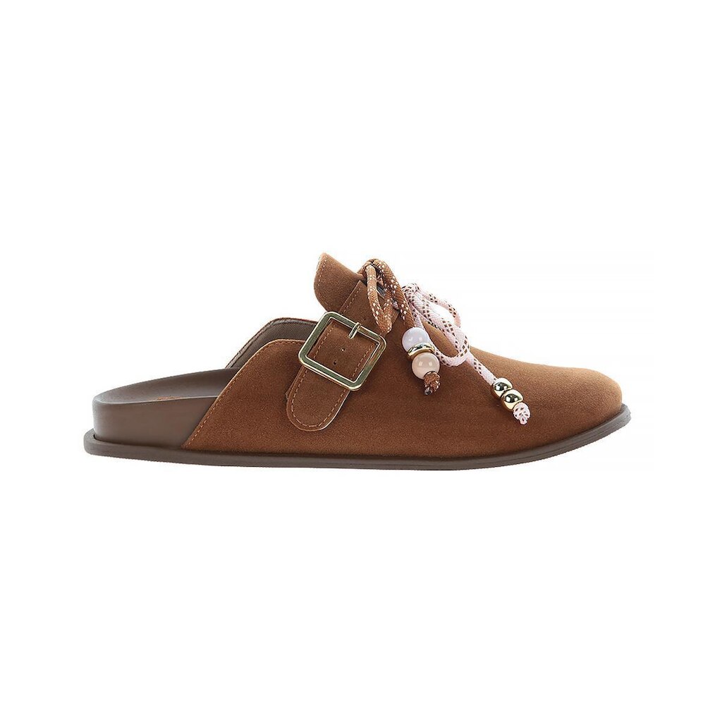 Clarissa - Mule Clog Feminino Marrom 2 em 1 Camurça com Enfeites Pingentes
