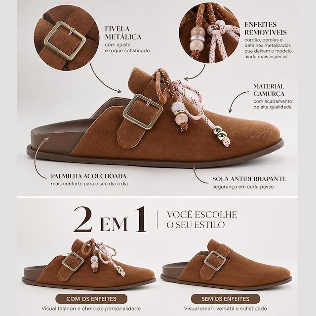 Clarissa - Mule Clog Feminino Marrom 2 em 1 Camurça com Enfeites Pingentes