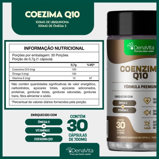 Coenzima Q10, Ômega 3, Vitamina E, Coq10, Tcm, Vegano, Denavita