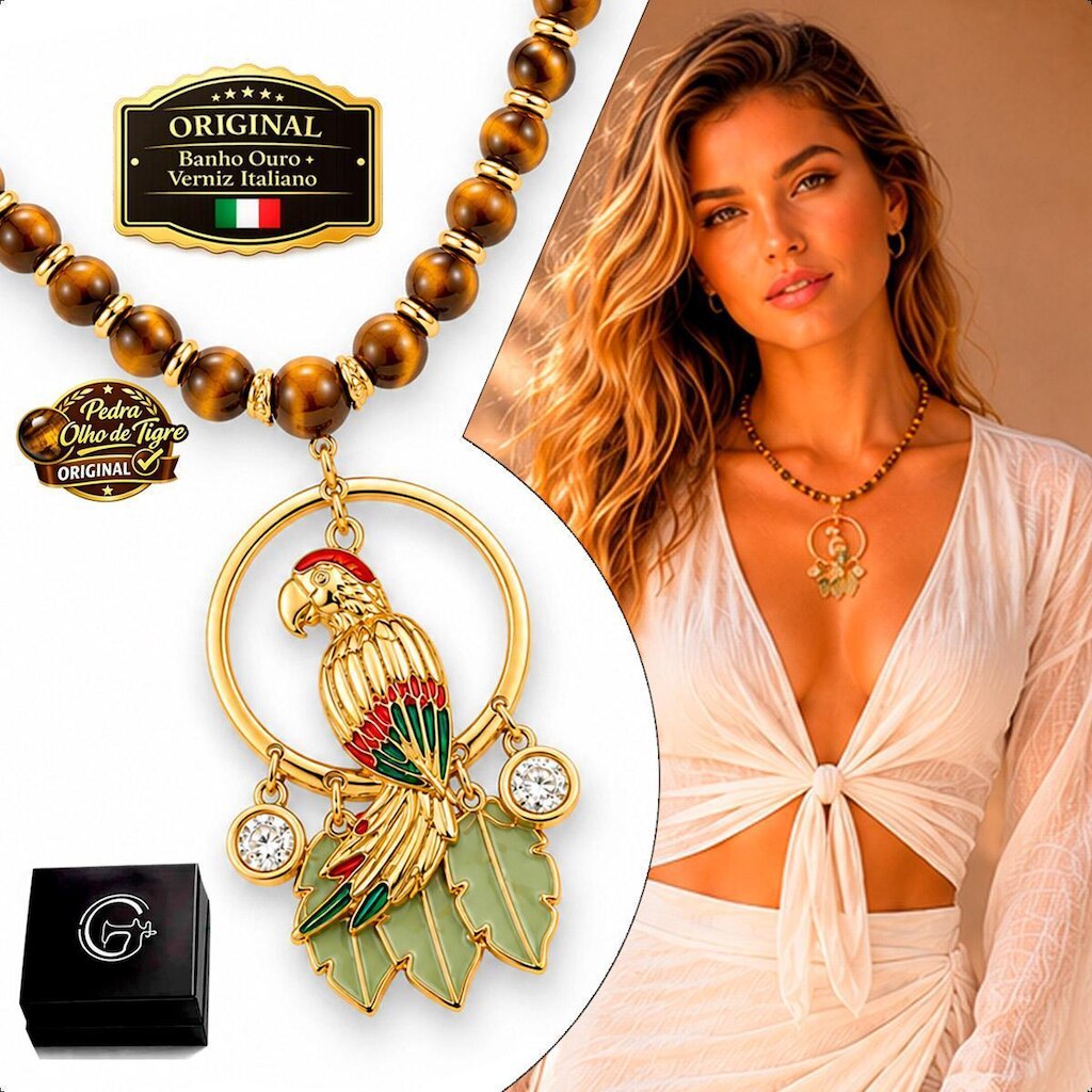 Colar Arara Pedras Naturais Olho De Tigre Ouro 18k Premium