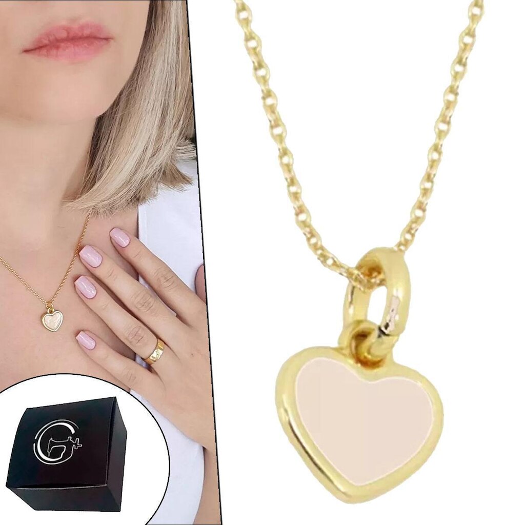 Colar Corrente Elo Português Coração com Resina Pérola Banhado a Ouro - NE