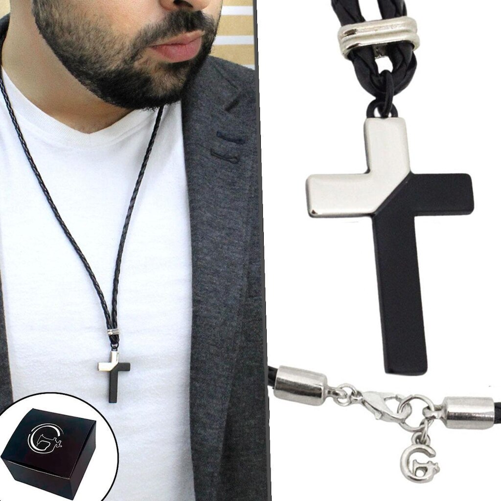 Colar de Couro Trançado Masculino Fecho Mosquete Cruz Degradê NE