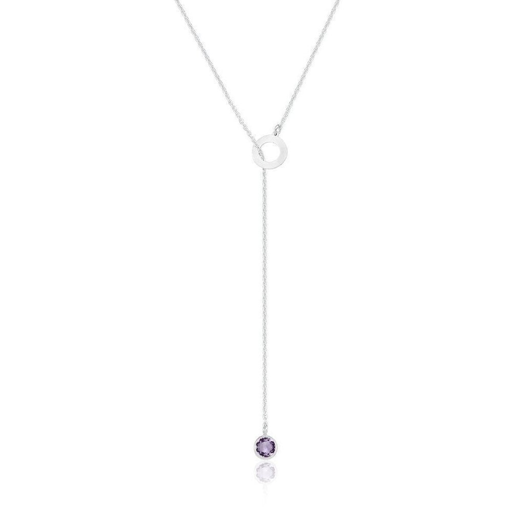 Colar de Prata Gravata Redondo Liso e Cristal Ametista