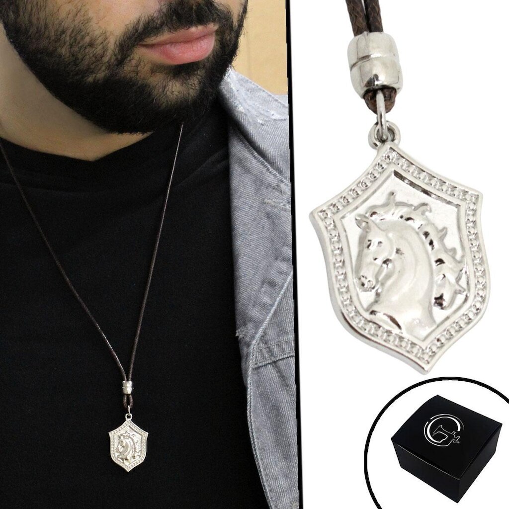 Colar Gargantilha de Couro Trançado Masculino Country Brasão Cavalo