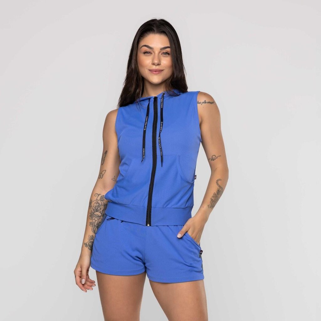 Colete Curto Feminino Zíper Capuz e Bolso Poliamida