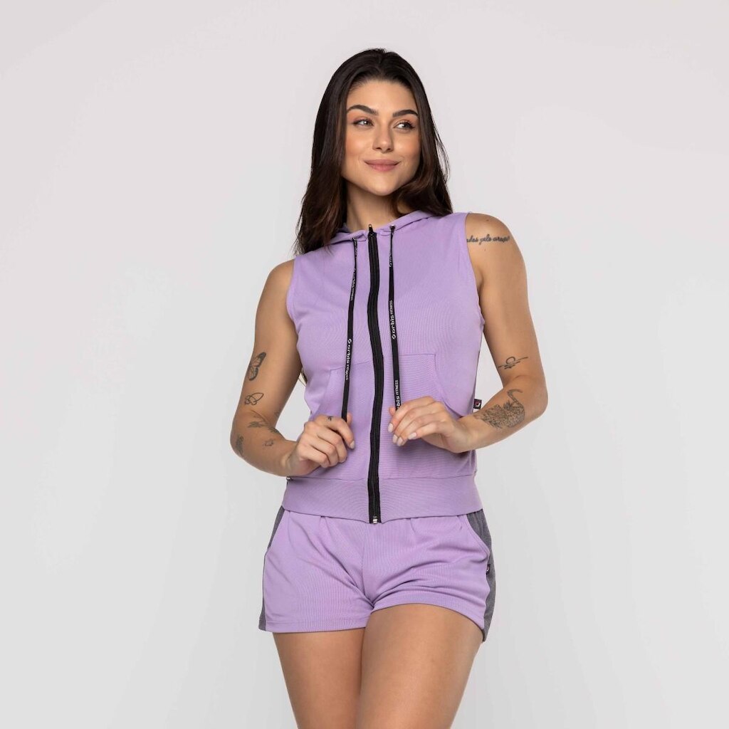 Colete Curto Feminino Zíper Capuz e Bolso Poliamida