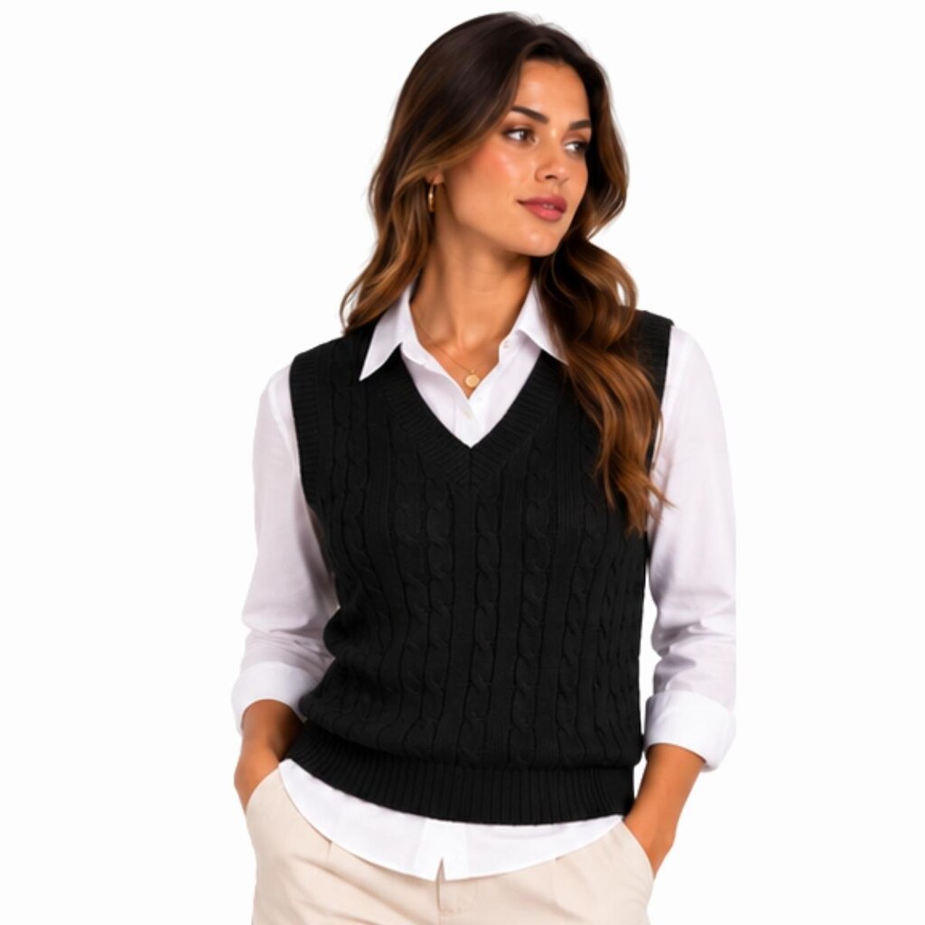 Colete Feminino Tricô Trançado Gola V Sobreposição Casual