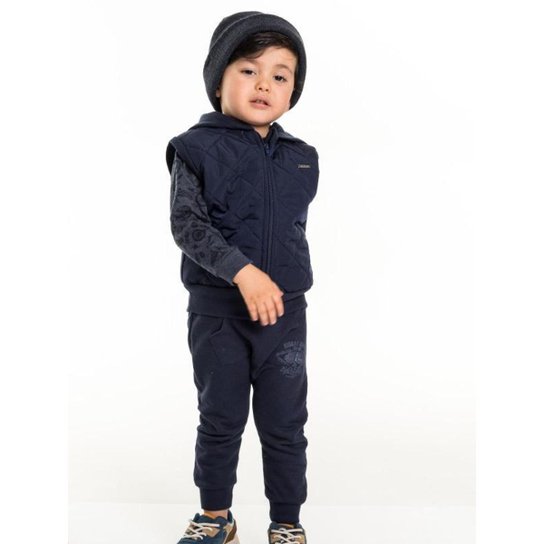 Colete Infantil Menino Em Microfibra E Moletom Com Capuz Azul